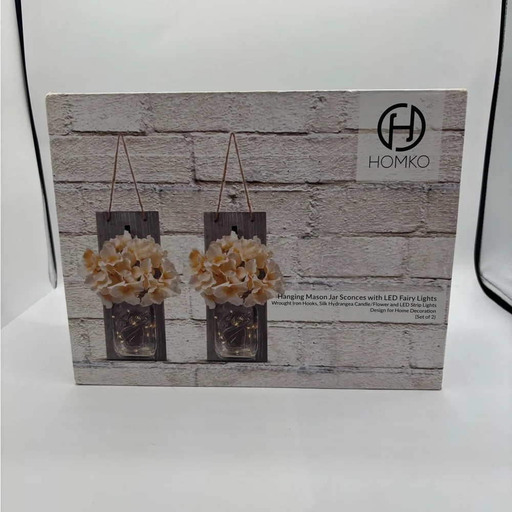 White Hydrangea Hanging Mason Jar Wall Hooks with LED Fairy Lights